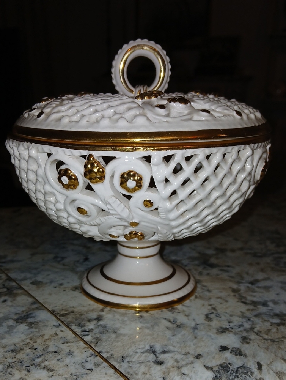 White and Gold Decorative Covered Compote - Elegant Ceramic Centerpiece